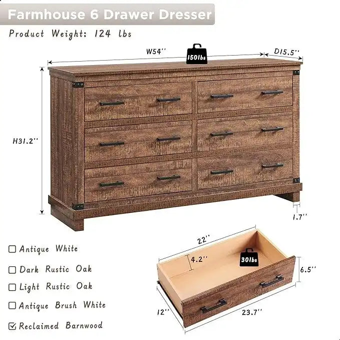 Rustic Farmhouse Six Drawer Wood Dresser with Antiqued Metal Handles