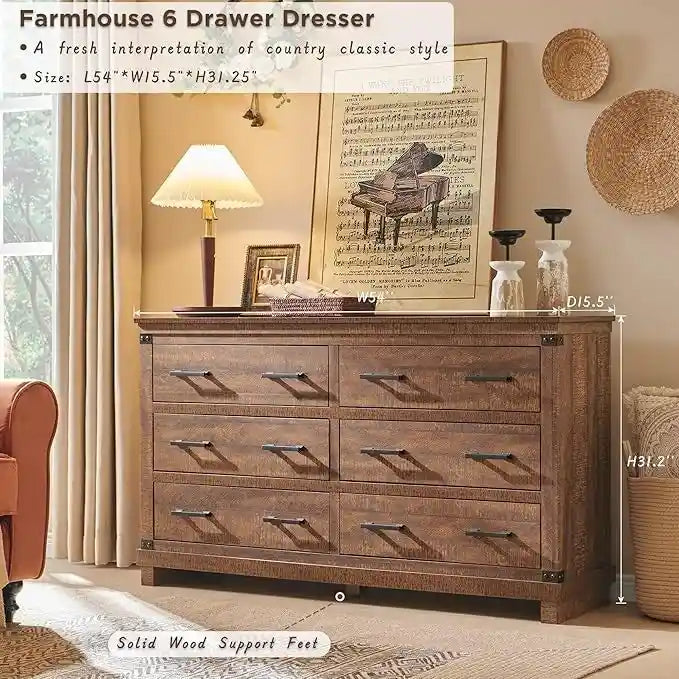 Rustic Farmhouse Six Drawer Wood Dresser with Antiqued Metal Handles