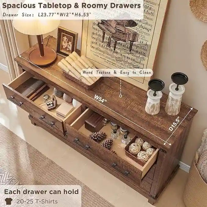 Rustic Farmhouse Six Drawer Wood Dresser with Antiqued Metal Handles