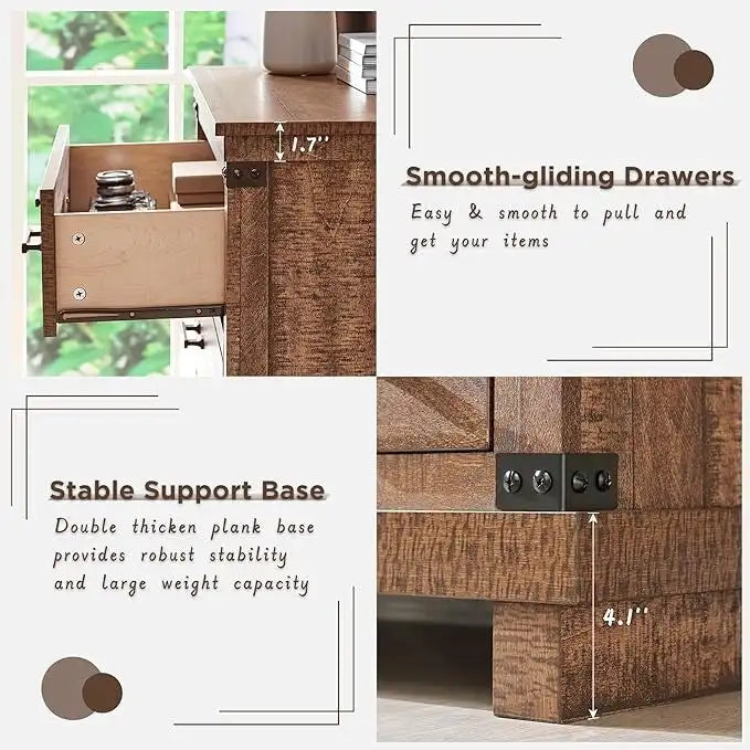 Rustic Farmhouse Six Drawer Wood Dresser with Antiqued Metal Handles