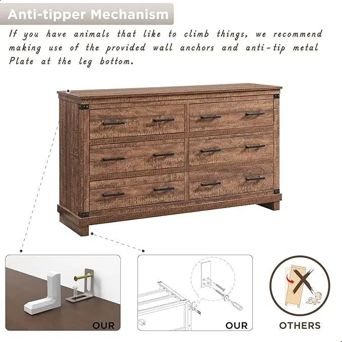 Rustic Farmhouse Six Drawer Wood Dresser with Antiqued Metal Handles