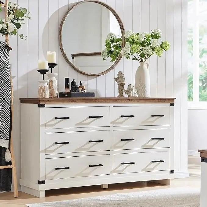 Rustic Farmhouse Six Drawer Wood Dresser with Antiqued Metal Handles