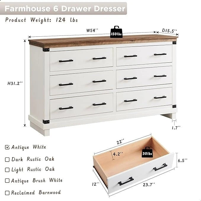 Rustic Farmhouse Six Drawer Wood Dresser with Antiqued Metal Handles