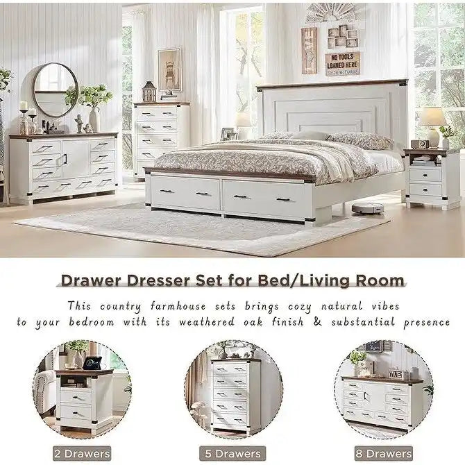 Rustic Farmhouse Six Drawer Wood Dresser with Antiqued Metal Handles