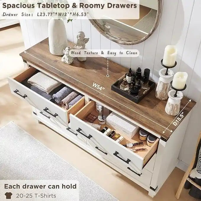 Rustic Farmhouse Six Drawer Wood Dresser with Antiqued Metal Handles