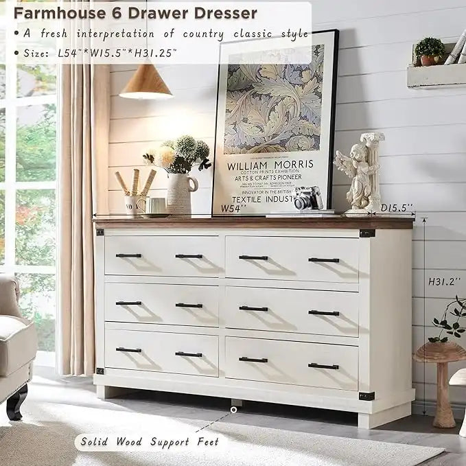 Rustic Farmhouse Six Drawer Wood Dresser with Antiqued Metal Handles