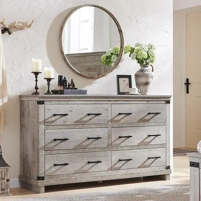 Rustic Farmhouse Six Drawer Wood Dresser with Antiqued Metal Handles