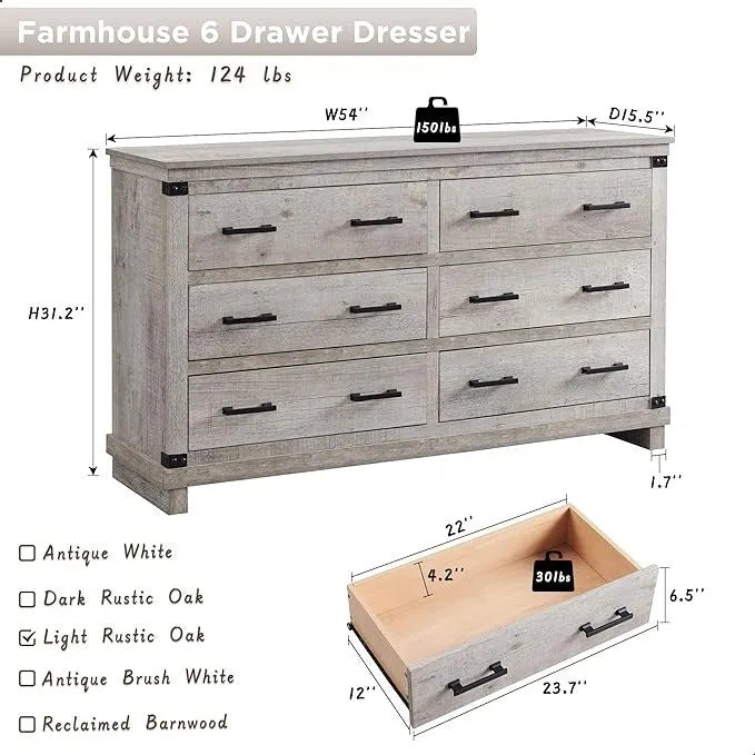 Rustic Farmhouse Six Drawer Wood Dresser with Antiqued Metal Handles