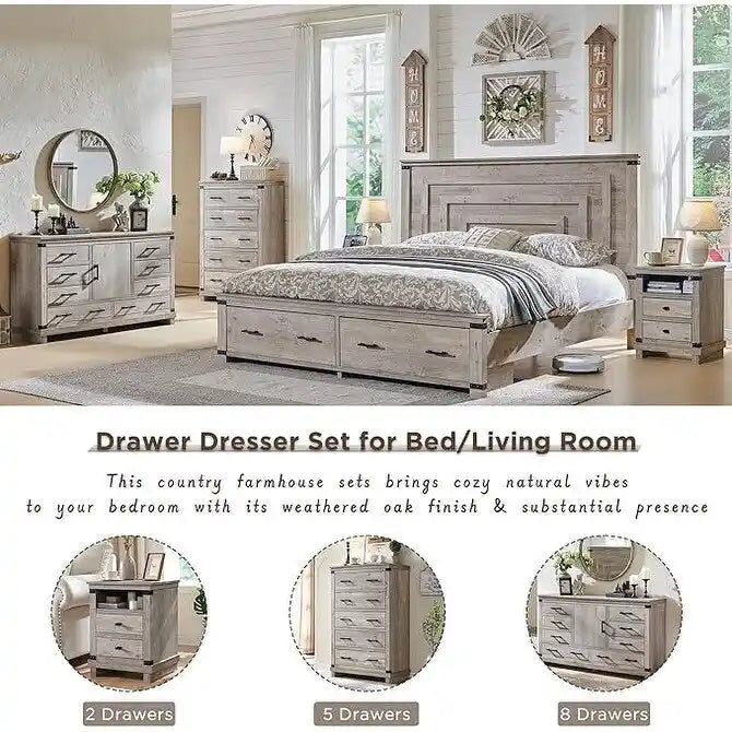 Rustic Farmhouse Six Drawer Wood Dresser with Antiqued Metal Handles