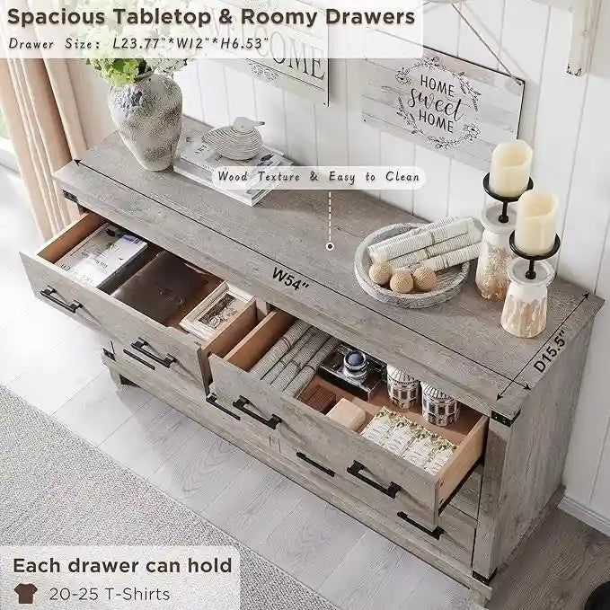 Rustic Farmhouse Six Drawer Wood Dresser with Antiqued Metal Handles