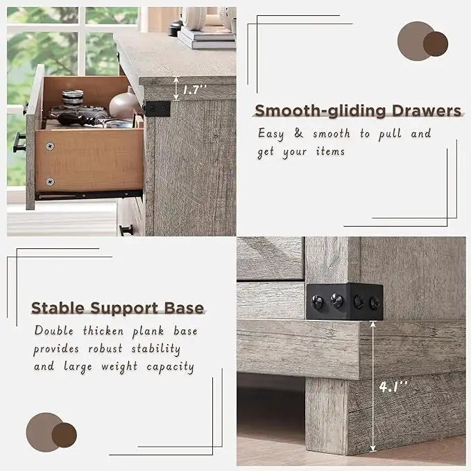 Rustic Farmhouse Six Drawer Wood Dresser with Antiqued Metal Handles