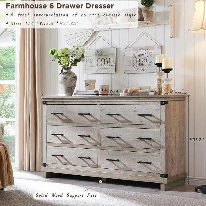 Rustic Farmhouse Six Drawer Wood Dresser with Antiqued Metal Handles