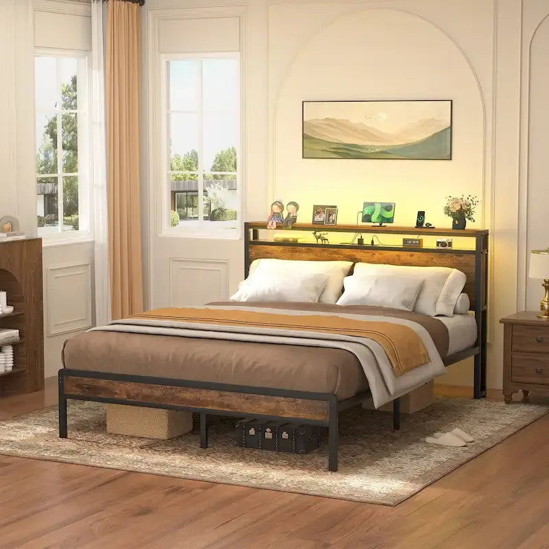 Rustic Metal Platform Bed Frame with Storage Headboard and LED Lighting