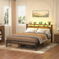 Rustic Metal Platform Bed Frame with Storage Headboard and LED Lighting