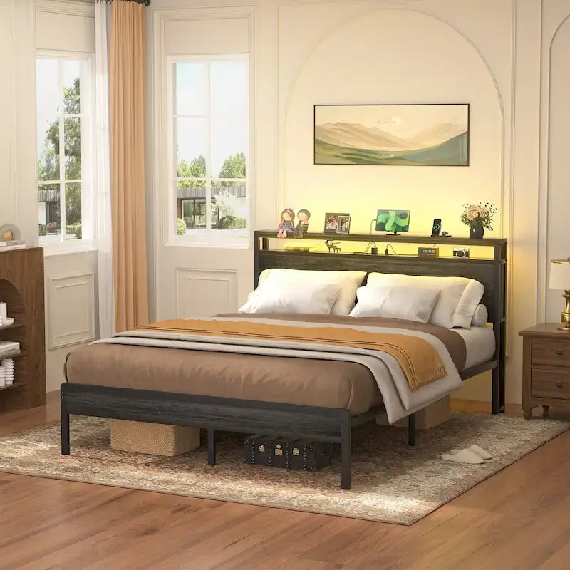 Rustic Metal Platform Bed Frame with Storage Headboard and LED Lighting
