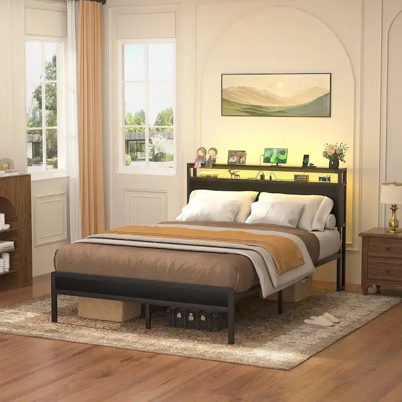 Rustic Metal Platform Bed Frame with Storage Headboard and LED Lighting