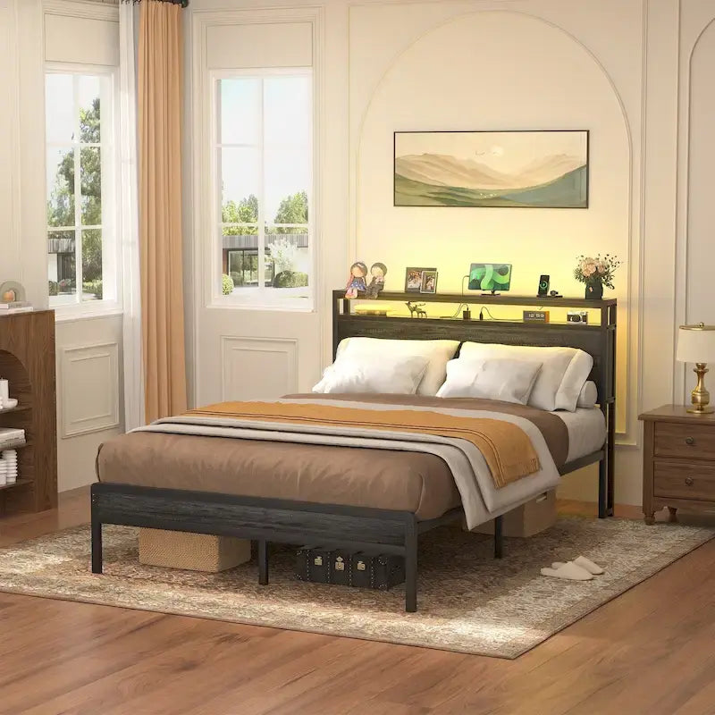 Rustic Metal Platform Bed Frame with Storage Headboard and LED Lighting