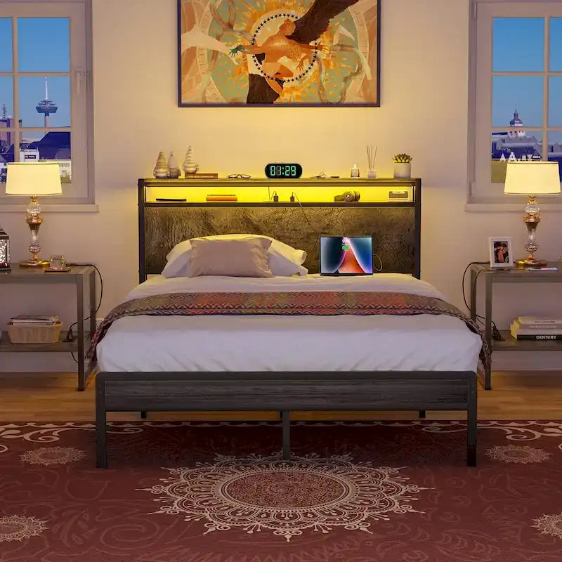 Rustic Metal Platform Bed Frame with Storage Headboard and LED Lighting
