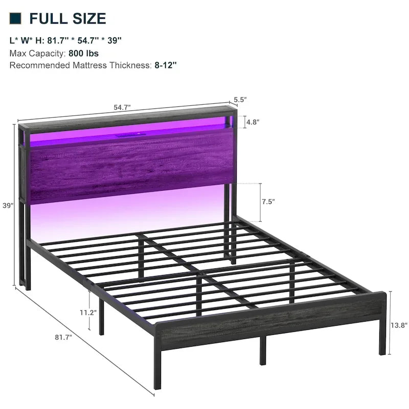 Rustic Metal Platform Bed Frame with Storage Headboard and LED Lighting
