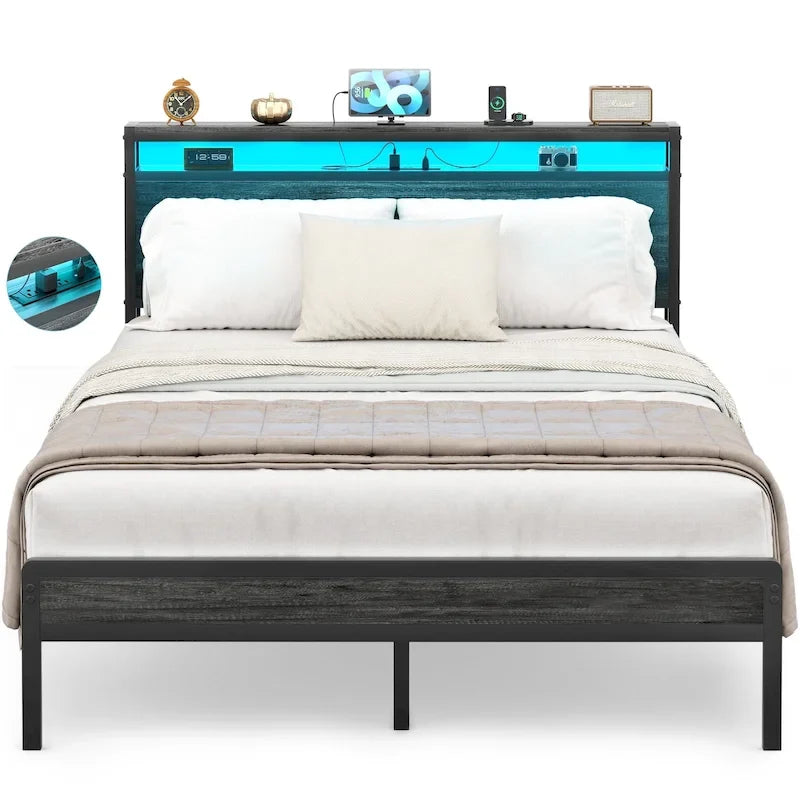 Rustic Metal Platform Bed Frame with Storage Headboard and LED Lighting