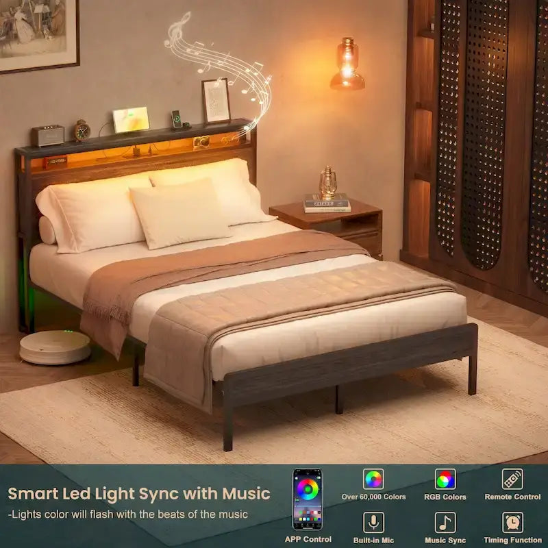 Rustic Metal Platform Bed Frame with Storage Headboard and LED Lighting