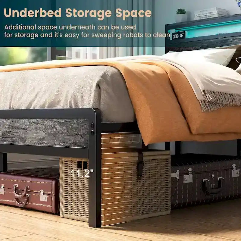 Rustic Metal Platform Bed Frame with Storage Headboard and LED Lighting
