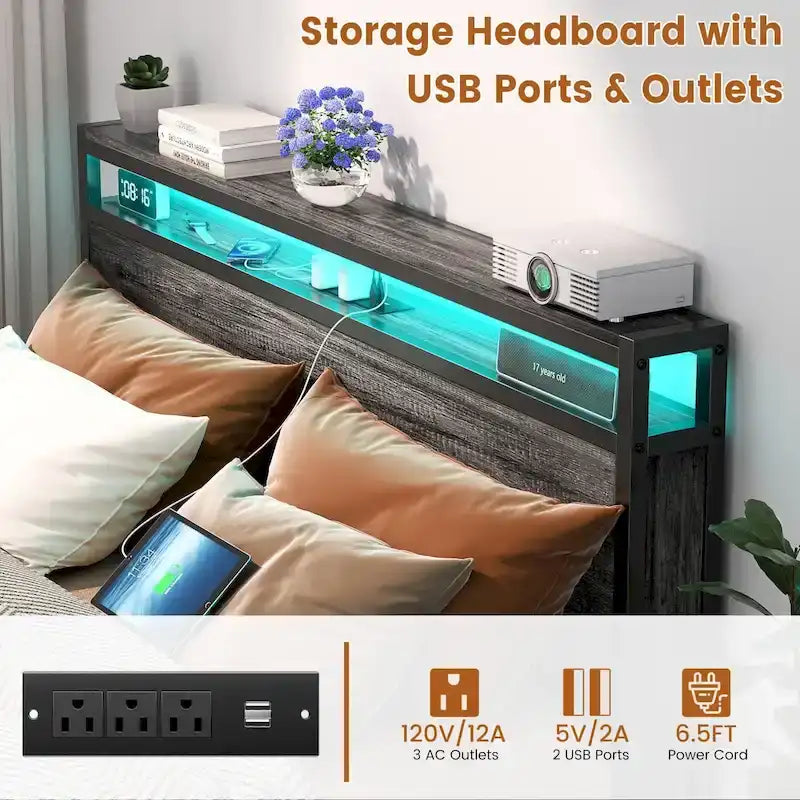 Rustic Metal Platform Bed Frame with Storage Headboard and LED Lighting