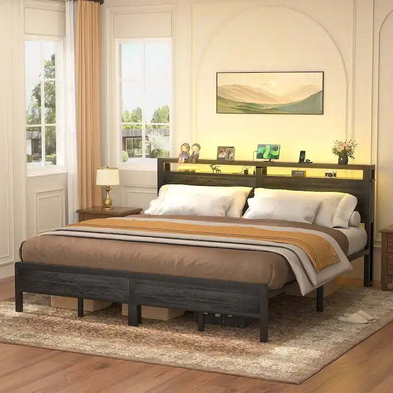 Rustic Metal Platform Bed Frame with Storage Headboard and LED Lighting
