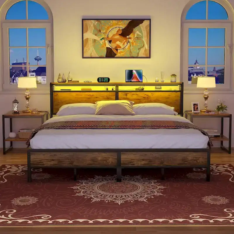 Rustic Metal Platform Bed Frame with Storage Headboard and LED Lighting