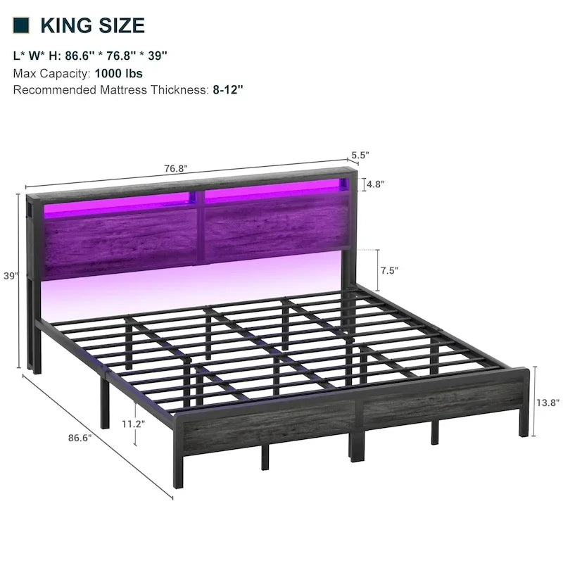 Rustic Metal Platform Bed Frame with Storage Headboard and LED Lighting