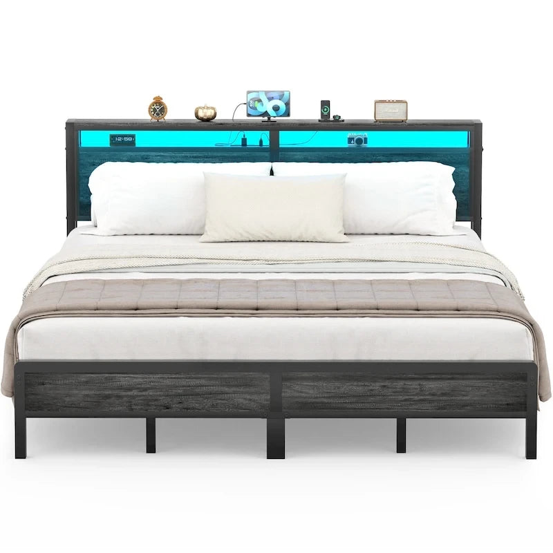 Rustic Metal Platform Bed Frame with Storage Headboard and LED Lighting