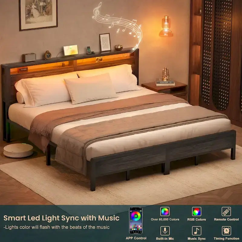 Rustic Metal Platform Bed Frame with Storage Headboard and LED Lighting