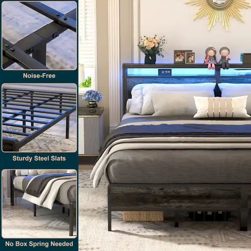 Rustic Metal Platform Bed Frame with Storage Headboard and LED Lighting