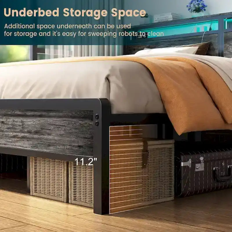 Rustic Metal Platform Bed Frame with Storage Headboard and LED Lighting
