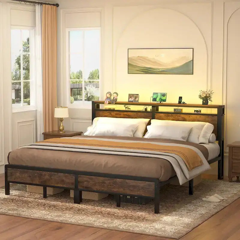 Rustic Metal Platform Bed Frame with Storage Headboard and LED Lighting