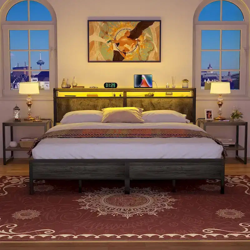 Rustic Metal Platform Bed Frame with Storage Headboard and LED Lighting
