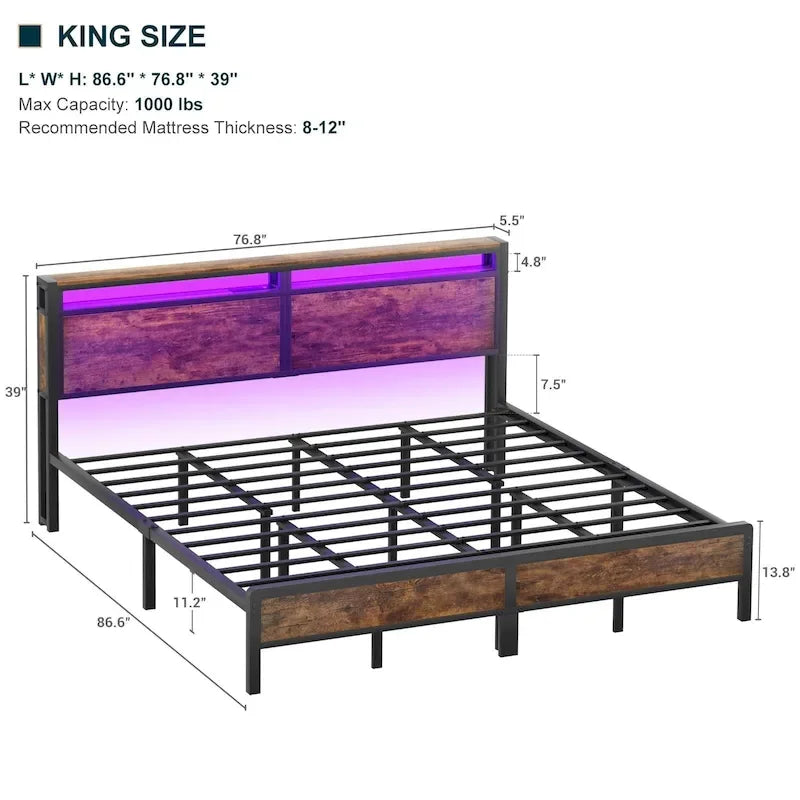 Rustic Metal Platform Bed Frame with Storage Headboard and LED Lighting