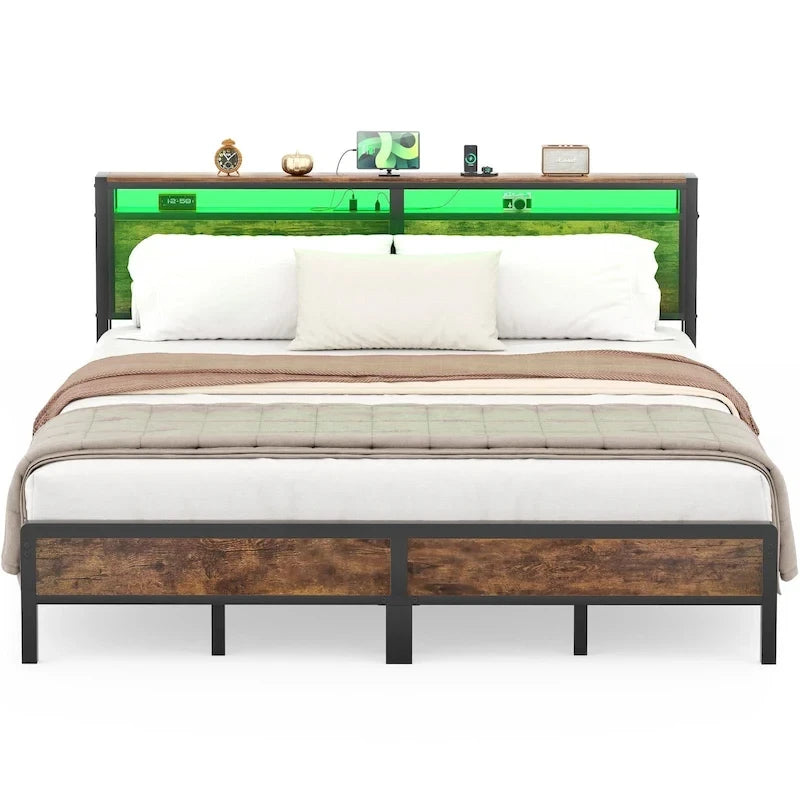 Rustic Metal Platform Bed Frame with Storage Headboard and LED Lighting