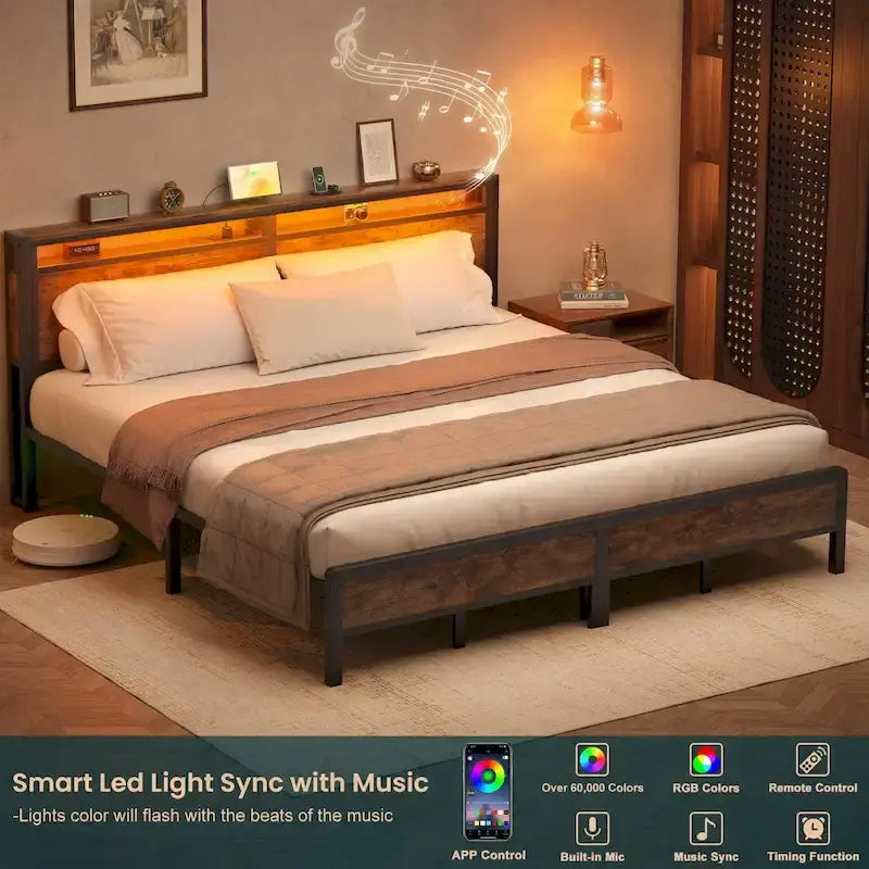 Rustic Metal Platform Bed Frame with Storage Headboard and LED Lighting