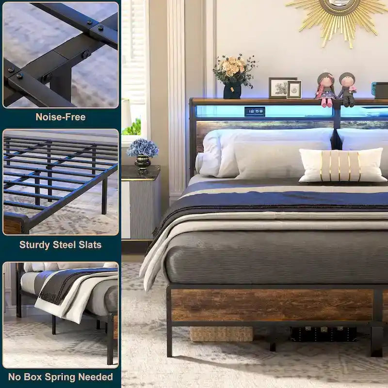 Rustic Metal Platform Bed Frame with Storage Headboard and LED Lighting