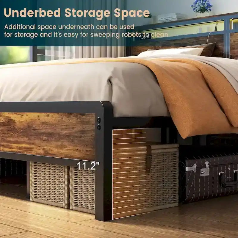 Rustic Metal Platform Bed Frame with Storage Headboard and LED Lighting