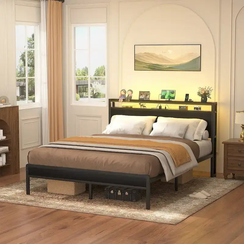 Rustic Metal Platform Bed Frame with Storage Headboard and LED Lighting