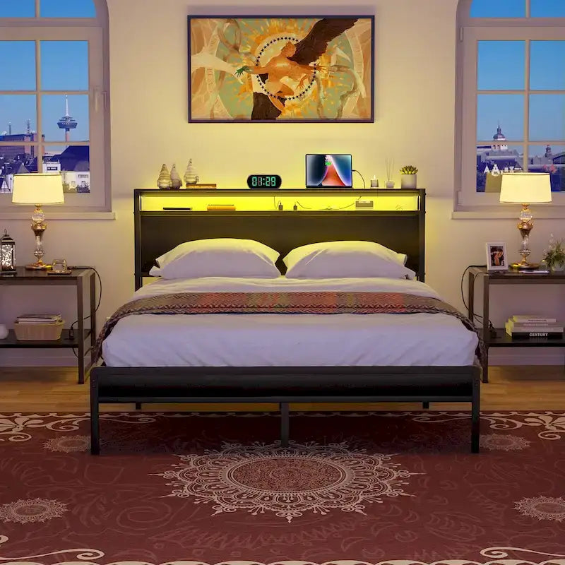 Rustic Metal Platform Bed Frame with Storage Headboard and LED Lighting