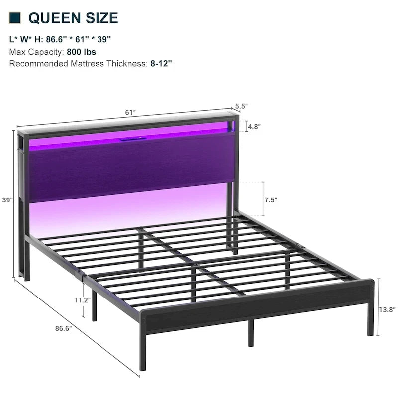 Rustic Metal Platform Bed Frame with Storage Headboard and LED Lighting