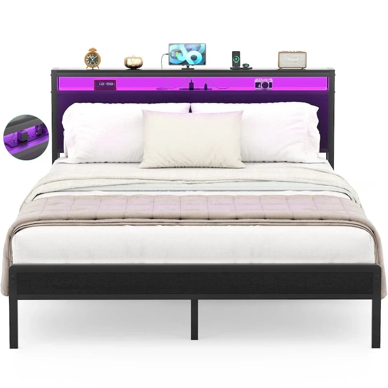 Rustic Metal Platform Bed Frame with Storage Headboard and LED Lighting