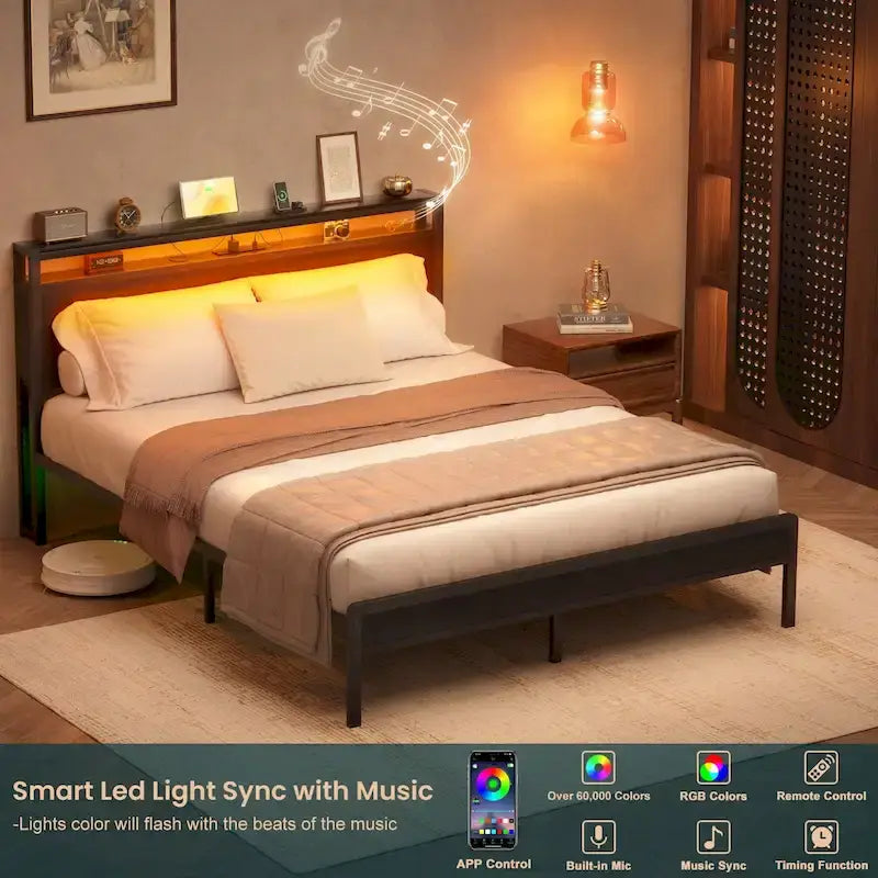 Rustic Metal Platform Bed Frame with Storage Headboard and LED Lighting