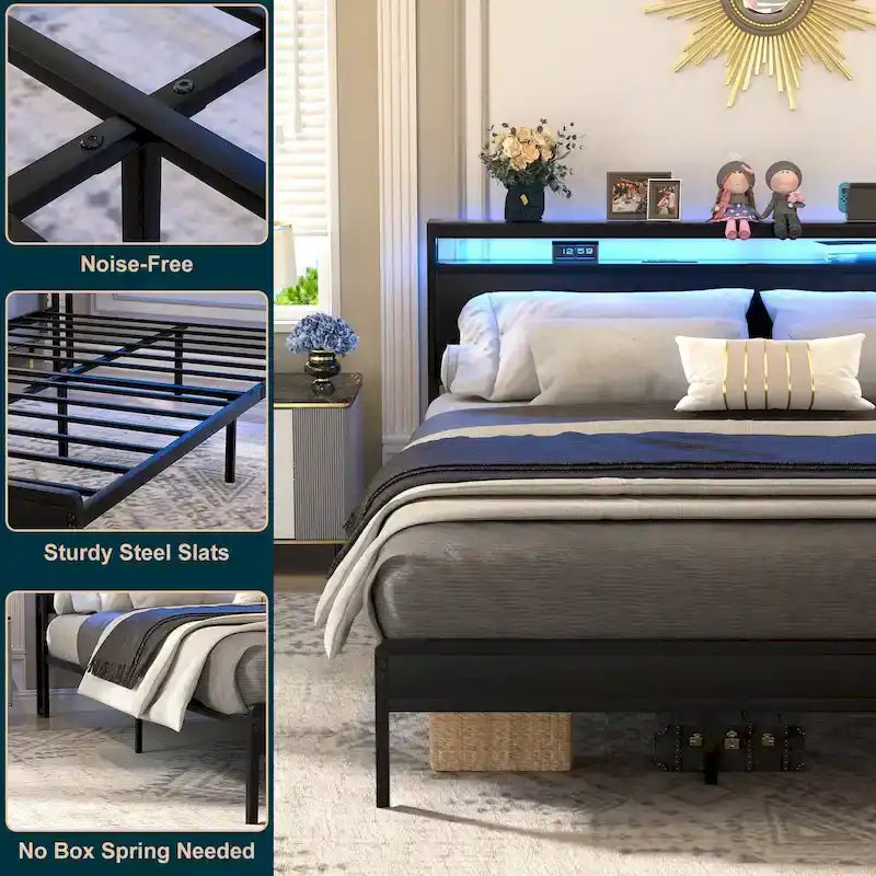 Rustic Metal Platform Bed Frame with Storage Headboard and LED Lighting