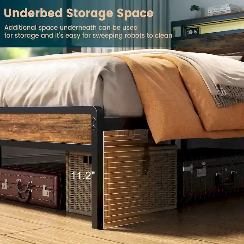 Rustic Metal Platform Bed Frame with Storage Headboard and LED Lighting