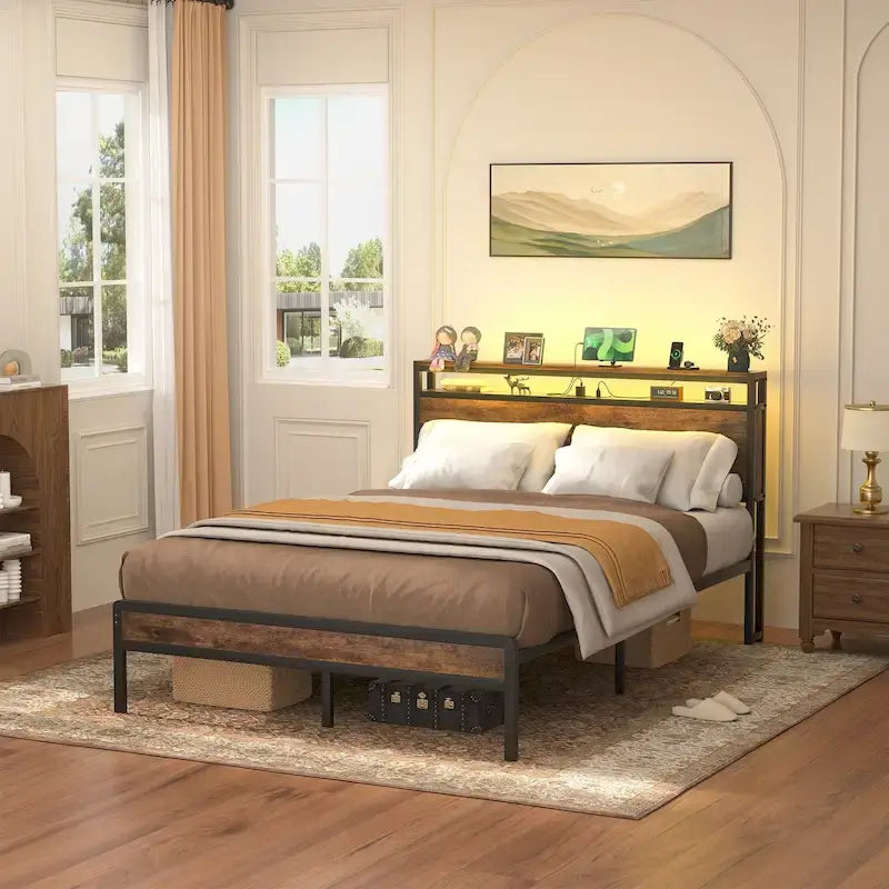 Rustic Metal Platform Bed Frame with Storage Headboard and LED Lighting