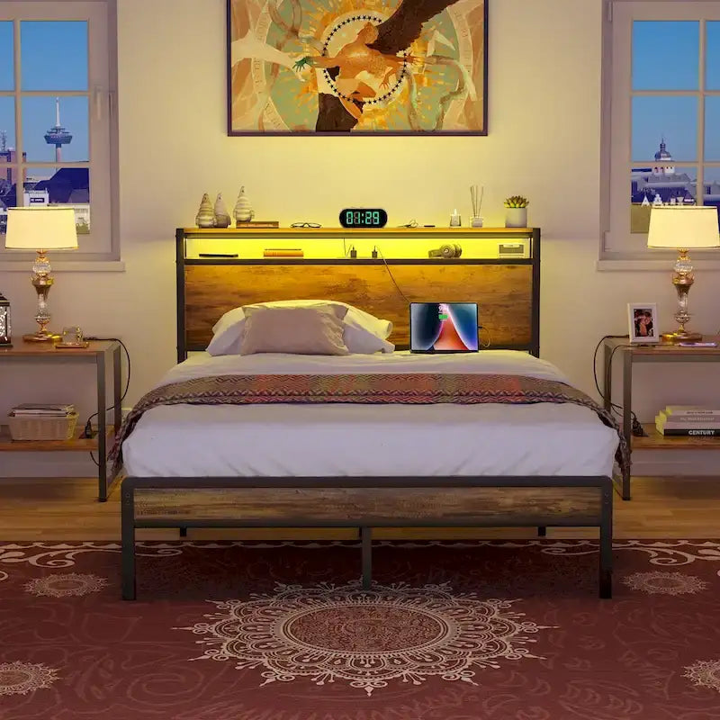 Rustic Metal Platform Bed Frame with Storage Headboard and LED Lighting
